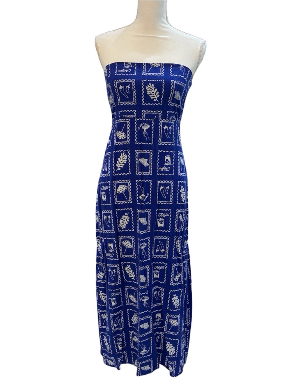 Paper Heart Strapless Royal Blue & White Postal Printed Midi Casual Dress Sz M